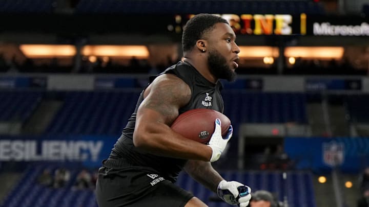 Mar 1, 2025; Indianapolis, IN, USA; Kansas running back Devin Neal (RB25) during the 2025 NFL Combine at Lucas Oil Stadium. Mandatory Credit: Kirby Lee-Imagn Images