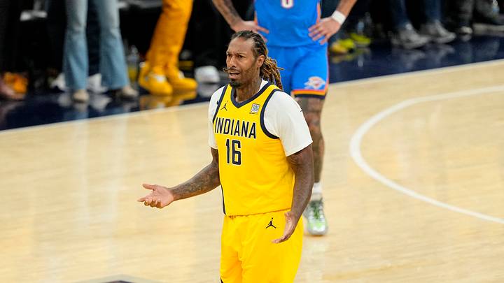 Jun 19, 2025; Indianapolis, Indiana, USA; Indiana Pacers forward James Johnson (16) reacts after being ejected from the game during the second half of game six of the 2025 NBA Finals between the Oklahoma City Thunder and the Indiana Pacers at Gainbridge Fieldhouse. Mandatory Credit: Kyle Terada-Imagn Images Jun 19, 2025; Indianapolis, Indiana, USA; Indiana Pacers forward James Johnson (16) reacts after being ejected from the game during the second half of game six of the 2025 NBA Finals between the Oklahoma City Thunder and the Indiana Pacers at Gainbridge Fieldhouse. Mandatory Credit: Kyle Terada-Imagn Images