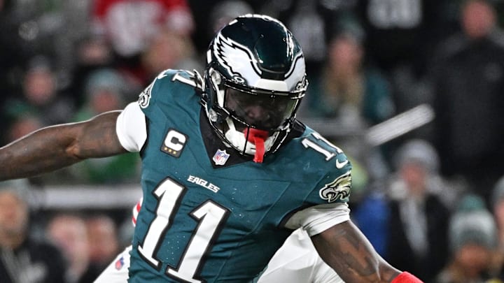 Jan 11, 2026; Philadelphia, PA, USA; Philadelphia Eagles wide receiver A.J. Brown (11) can't make catch during the fourth quarter against the San Francisco 49ers  in an NFC Wild Card Round game at Lincoln Financial Field. Mandatory Credit: Eric Hartline-Imagn Images