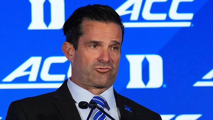 Jul 17, 2026; Charlotte, NC, USA; Duke head coach Manny Diaz talks with the media during interviews at Hilton Charlotte Uptown. Mandatory Credit: Jim Dedmon-Imagn Images