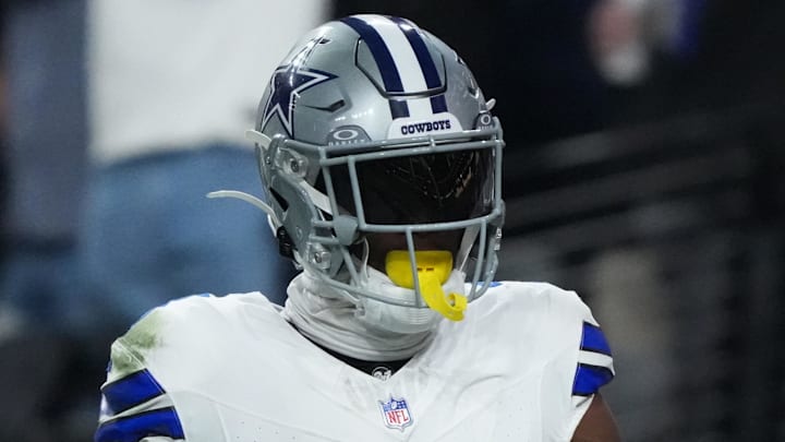 Nov 17, 2025; Paradise, Nevada, USA; Dallas Cowboys wide receiver George Pickens (3) reacts after scoring a touchdown against the Las Vegas Raiders during the first half at Allegiant Stadium. Mandatory Credit: Kirby Lee-Imagn Images