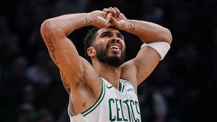 Apr 7, 2026; Boston, Massachusetts, USA; Boston Celtics forward Jayson Tatum (0) reacts after a play against the Charlotte Hornets in the second quarter at TD Garden. Mandatory Credit: David Butler II-Imagn Images
