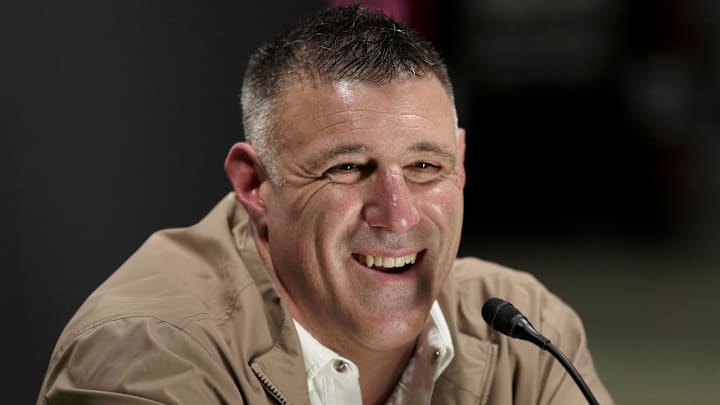 Feb 2, 2026; San Jose, CA, USA; New England Patriots head coach Mike Vrabel speaks to media during Opening Night for Super Bowl LX at San Jose Convention Center. Mandatory Credit: Kyle Terada-Imagn Images