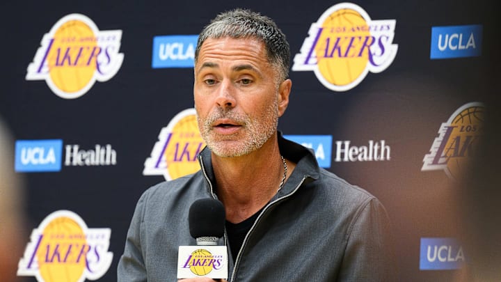Sep 25, 2025; El Segundo, CA, USA; Los Angeles Lakers general manager Rob Pelinka speaks during a press conference to preview the 2025-26 season at UCLA Health Training Center. Mandatory Credit: William Liang-Imagn Images