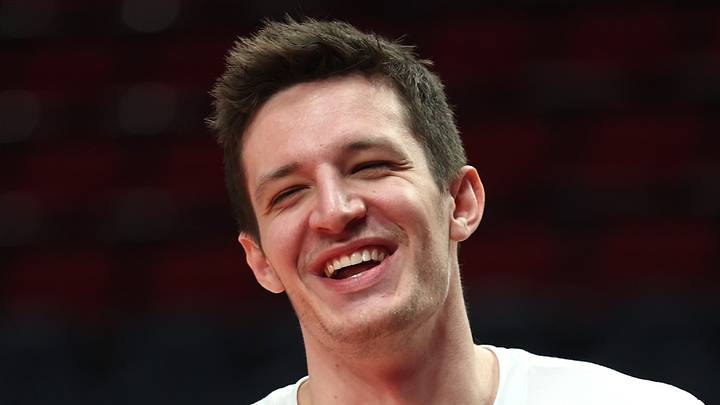 Vít Krejci reacts during warmups before the Trail Blazers play against the Brooklyn Nets. Vít Krejci reacts during warmups before the Trail Blazers play against the Brooklyn Nets.