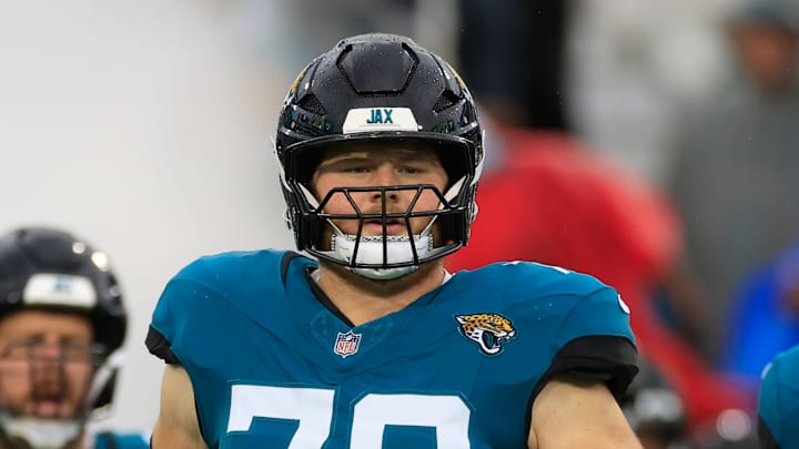 Jacksonville Jaguars offensive tackle Cole Van Lanen (70) runs on the field before an NFL football matchup Sunday, Dec. 29, 2024 at EverBank Stadium in Jacksonville, Fla. The Jaguars held off the Titans 20-13. [Corey Perrine/Florida Times-Union]