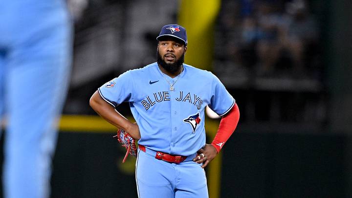 Sep 19, 2026; Arlington, Texas, USA;  Toronto Blue Jays first baseman Vladimir Guerrero Jr. (27) looks on during the eighth inning against the Texas Rangers at Globe Life Field. Mandatory Credit: Jerome Miron-Imagn Images