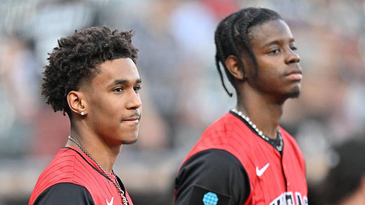 Jul 7, 2026; Chicago, Illinois, USA; Chicago Bulls 2026 NBA Draft first round picks Dailyn Swain, 15th, and Caleb Wilson, 4th, prior to a game between the Chicago White Sox and the Boston Red Sox at Rate Field. Mandatory Credit: Patrick Gorski-Imagn Images