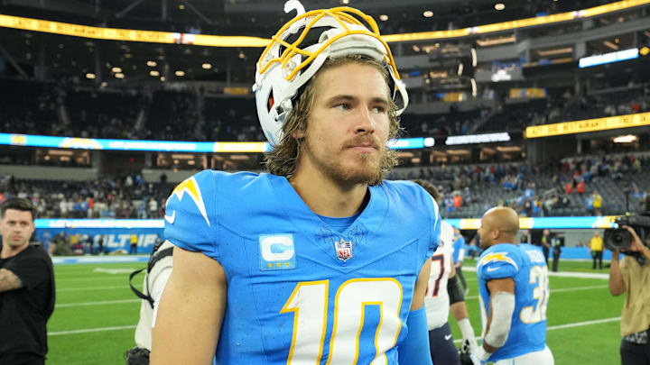 Oct 29, 2023; Inglewood, California, USA; Los Angeles Chargers quarterback Justin Herbert (10) leaves the field after the game against the Chicago Bears at SoFi Stadium. Mandatory Credit: Kirby Lee-Imagn Images