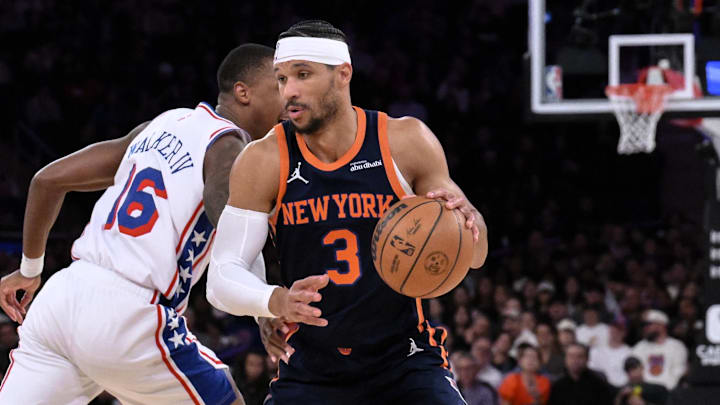 Apr 1, 2025; New York, New York, USA; New York Knicks guard Josh Hart (3) dribbles past Philadelphia 76ers guard Lonnie Walker IV (16) during the first half at Madison Square Garden. Mandatory Credit: John Jones-Imagn Images Apr 1, 2025; New York, New York, USA; New York Knicks guard Josh Hart (3) dribbles past Philadelphia 76ers guard Lonnie Walker IV (16) during the first half at Madison Square Garden. Mandatory Credit: John Jones-Imagn Images