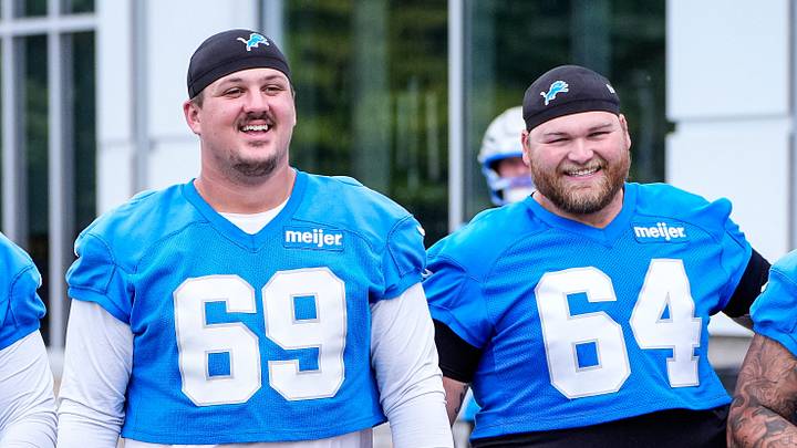 Detroit Lions guard Tate Ratledge (69) and center Cade Mays (64). Detroit Lions guard Tate Ratledge (69) and center Cade Mays (64).