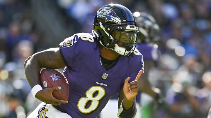 Oct 22, 2023; Baltimore, Maryland, USA; Baltimore Ravens quarterback Lamar Jackson (8) rushes during the first half against the Detroit Lions  at M&T Bank Stadium. Mandatory Credit: Tommy Gilligan-Imagn Images
