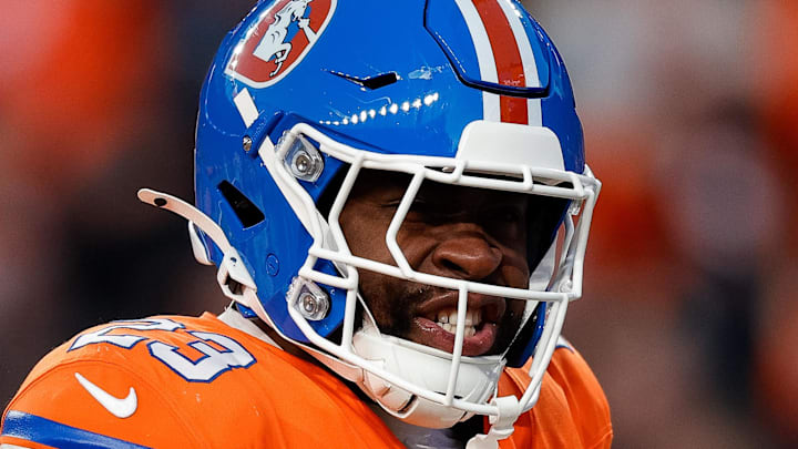 Denver Broncos running back Audric Estime (23) celebrates after a touchdown in the fourth quarter against the Kansas City Chiefs
