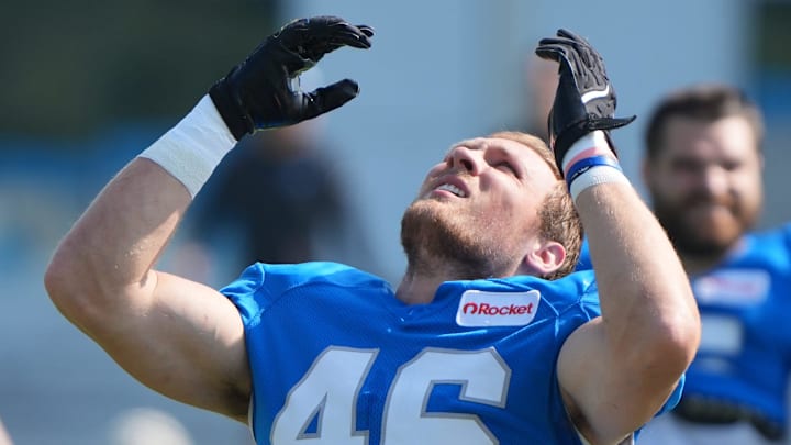 Detroit Lions LB Jack Campbell stretches during practice at the Lions training facility in Allen Park, Thursday, Aug. 14 2025