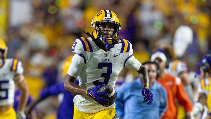 LSU Tigers cornerback DJ Pickett  reacts to intercepting the ball from Florida Gators quarterback DJ Lagway (not pictured) during the second half 