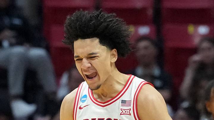Arizona Wildcats guard Brayden Burries (5) reacts in the second half against the Utah State Aggies during a second round game of the men's 2026 NCAA Tournament at Viejas Arena on March 22, 2026. Arizona Wildcats guard Brayden Burries (5) reacts in the second half against the Utah State Aggies during a second round game of the men's 2026 NCAA Tournament at Viejas Arena on March 22, 2026.
