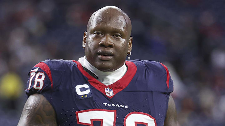 Dec 24, 2023; Houston, Texas, USA; Houston Texans offensive tackle Laremy Tunsil (78) walks off the field before the game against the Cleveland Browns at NRG Stadium. Mandatory Credit: Troy Taormina-Imagn Images