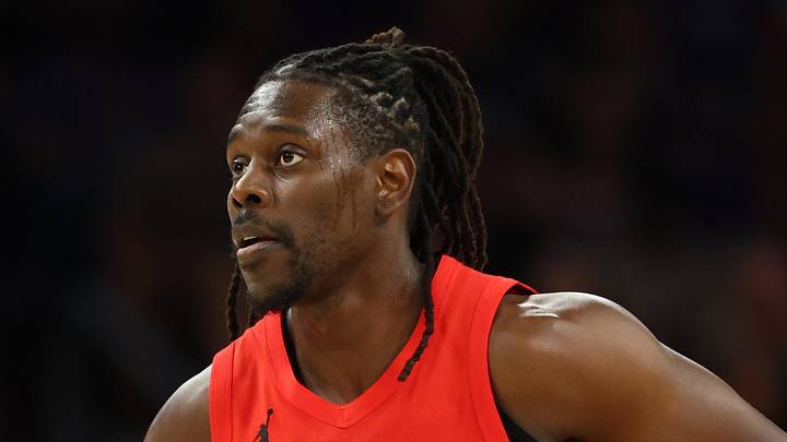 Apr 14, 2026; Phoenix, Arizona, USA; Portland Trail Blazers guard Jrue Holiday (5) against the Phoenix Suns during the play-in rounds of the 2026 NBA Playoffs at Mortgage Matchup Center. Mandatory Credit: Mark J. Rebilas-Imagn Images