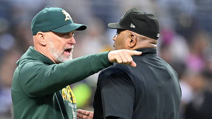 May 23, 2026; San Diego, California, USA; Athletics manager Mark Kotsay argues a call with umpire Laz Diaz during the third inning against the San Diego Padres at Petco Park. Mandatory Credit: Denis Poroy-Imagn Images May 23, 2026; San Diego, California, USA; Athletics manager Mark Kotsay argues a call with umpire Laz Diaz during the third inning against the San Diego Padres at Petco Park. Mandatory Credit: Denis Poroy-Imagn Images