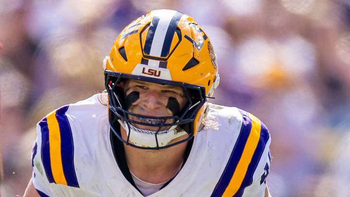 Nov 15, 2025; Baton Rouge, Louisiana, USA; LSU Tigers defensive end Jack Pyburn (44) looks on against Arkansas Razorbacks quarterback Taylen Green (10) during the first half at Tiger Stadium. Mandatory Credit: Stephen Lew-Imagn Images Nov 15, 2025; Baton Rouge, Louisiana, USA; LSU Tigers defensive end Jack Pyburn (44) looks on against Arkansas Razorbacks quarterback Taylen Green (10) during the first half at Tiger Stadium. Mandatory Credit: Stephen Lew-Imagn Images