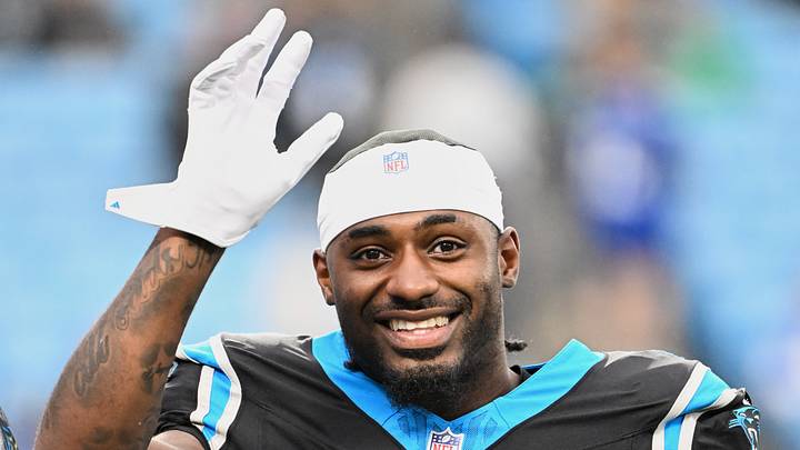 Dec 28, 2025; Charlotte, North Carolina, USA; Carolina Panthers wide receiver Xavier Legette (17) warms up before the game against the Seattle Seahawks at Bank of America Stadium. Mandatory Credit: Bob Donnan-Imagn Images