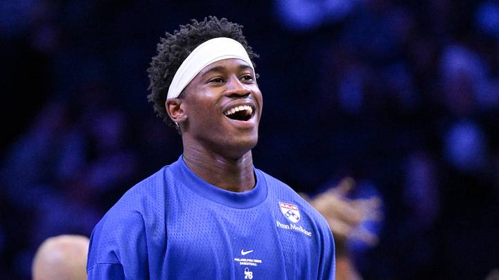 Oct 8, 2026; Brooklyn, New York, USA; Philadelphia 76ers guard Vj Edgecombe (77) warms up before a game against the Brooklyn Nets at Barclays Center. Mandatory Credit: John Jones-Imagn Images
