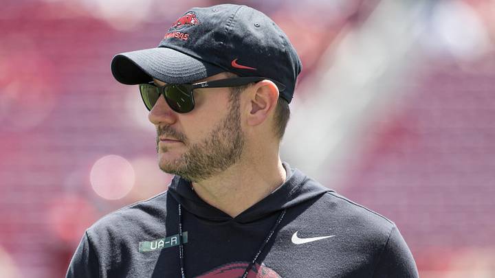 Arkansas Razorbacks coach Ryan Silverfield looks over his players during warmups before the spring game at Donald W. Reynolds Razorback Stadium.