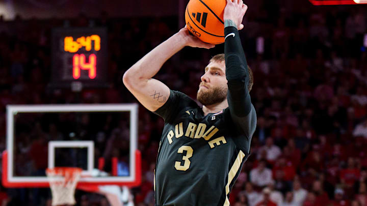 Purdue Boilermakers guard Braden Smith (3) shoots a three-point shot against the Nebraska Cornhuskers.