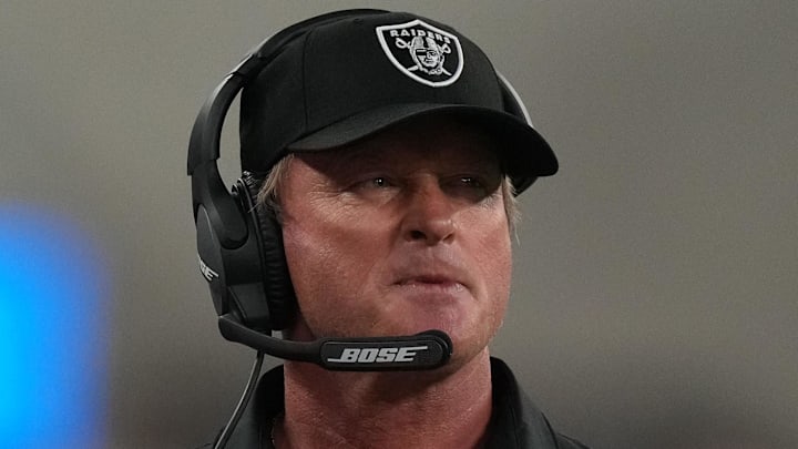 Oct 4, 2021; Inglewood, California, USA; Las Vegas Raiders head coach Jon Gruden looks on during the second half against the Los Angeles Chargers at SoFi Stadium. Mandatory Credit: Kirby Lee-Imagn Images