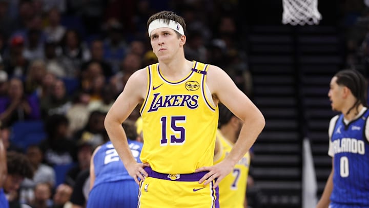 Mar 24, 2025; Orlando, Florida, USA; Los Angeles Lakers guard Austin Reaves (15) reacts after a play against the Orlando Magic in the second quarter at Kia Center. Mandatory Credit: Nathan Ray Seebeck-Imagn Images Mar 24, 2025; Orlando, Florida, USA; Los Angeles Lakers guard Austin Reaves (15) reacts after a play against the Orlando Magic in the second quarter at Kia Center. Mandatory Credit: Nathan Ray Seebeck-Imagn Images