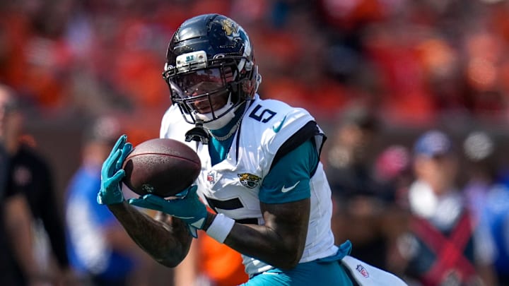 Jacksonville Jaguars wide receiver Dyami Brown (6) catches a pass in the fourth quarter of the NFL Week 2 game between the Cincinnati Bengals and the Jacksonville Jaguars at Paycor Stadium in downtown Cincinnati on Sunday, Sept. 14, 2025. The Bengals came back from a halftime deficit to win 31-27. Jacksonville Jaguars wide receiver Dyami Brown (6) catches a pass in the fourth quarter of the NFL Week 2 game between the Cincinnati Bengals and the Jacksonville Jaguars at Paycor Stadium in downtown Cincinnati on Sunday, Sept. 14, 2025. The Bengals came back from a halftime deficit to win 31-27.