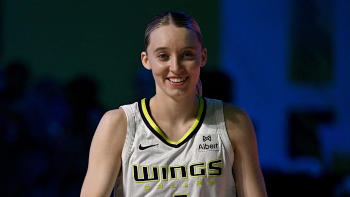 Jul 28, 2025; Arlington, Texas, USA; Dallas Wings guard Paige Bueckers (5) walks off the court after the game against the New York Liberty at College Park Center. Mandatory Credit: Jerome Miron-Imagn Images