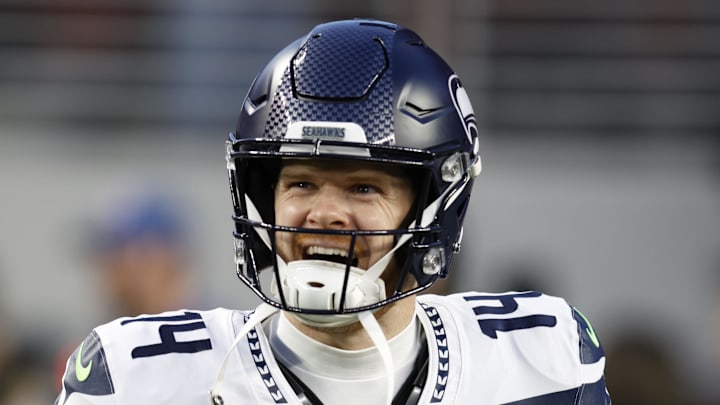 Seattle Seahawks quarterback Sam Darnold reacts