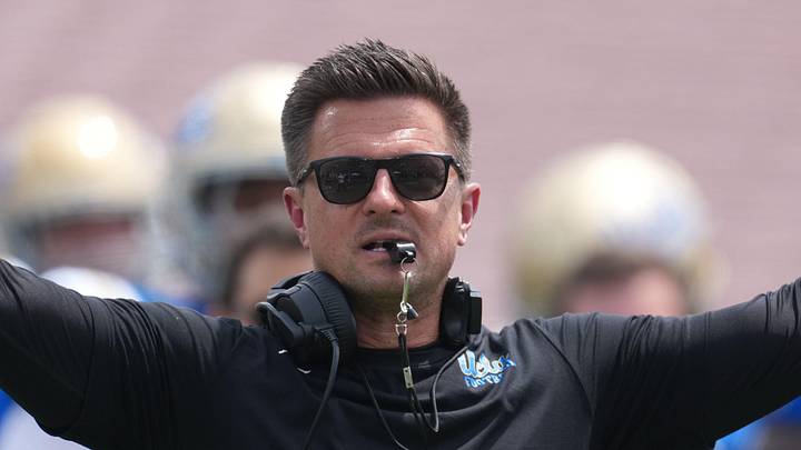 May 2, 2026; Pasadena, CA, USA; UCLA Bruins coach Bob Chesney reacts during the spring game at Rose Bowl. Mandatory Credit: Kirby Lee-Imagn Images