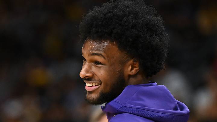 Los Angeles Lakers guard Bronny James (9) reacts during warmups (Mandatory Credit: Jonathan Hui-Imagn Images)