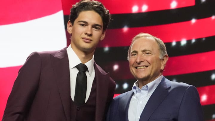 Jun 27, 2025; Los Angeles, California, USA; Carter Bear is selected as the 13th overall pick to the Detroit Red Wings in the first round of the 2025 NHL Draft at Peacock Theater. Mandatory Credit: Kirby Lee-Imagn Images