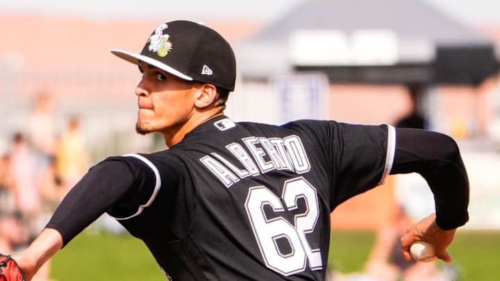 Feb 24, 2026; Peoria, Arizona, USA; Chicago White Sox pitcher Alexander Alberto (62)  during the fourth inning in Peoria, Arizona. Mandatory Credit: Arianna Grainey-Imagn Images