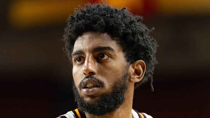 Arizona State Sun Devils Moe Odum (5) looks at the net before taking a shot during a game against the Southern Utah Thunderbirds at Desert Financial Arena in Tempe on Nov. 4, 2025. Arizona State Sun Devils Moe Odum (5) looks at the net before taking a shot during a game against the Southern Utah Thunderbirds at Desert Financial Arena in Tempe on Nov. 4, 2025.