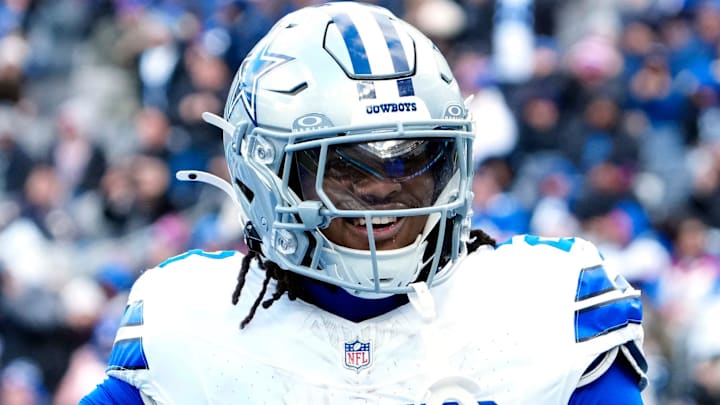 Dallas Cowboys running back Jaydon Blue (23) celebrates after scoring the first touchdown of the game, Sunday, January 4, 2026, in East Rutherford. Dallas Cowboys running back Jaydon Blue (23) celebrates after scoring the first touchdown of the game, Sunday, January 4, 2026, in East Rutherford.