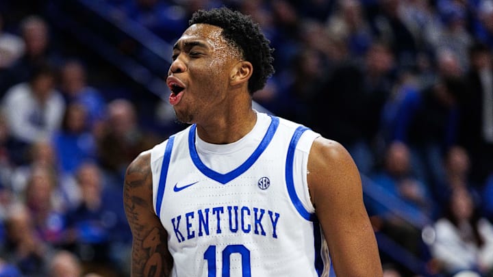Jan 24, 2026; Lexington, Kentucky, USA; Kentucky Wildcats forward Brandon Garrison (10) reacts after a foul is called against him during the first half against the Mississippi Rebels at Rupp Arena at Central Bank Center. Mandatory Credit: Jordan Prather-Imagn Images