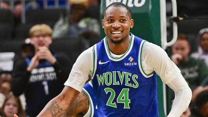 Oct 5, 2026; Milwaukee, Wisconsin, USA;  Minnesota Timberwolves forward Jonathan Kuminga (24) celebrates with guard Anthony Edwards (5) after scoring a basket in the second quarter against the Milwaukee Bucks at Fiserv Forum.  Mandatory Credit: Benny Sieu-Imagn Images