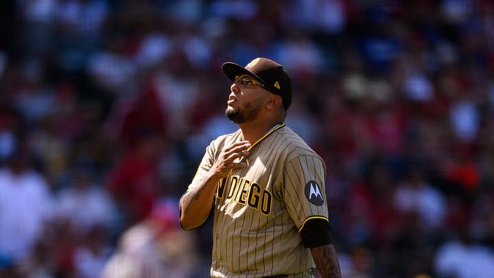 Apr 19, 2026; Anaheim, California, USA; San Diego Padres pitcher Bradgley Rodriguez (72) gestures during the seventh inning against the Los Angeles Angels at Angel Stadium. Mandatory Credit: William Liang-Imagn Images