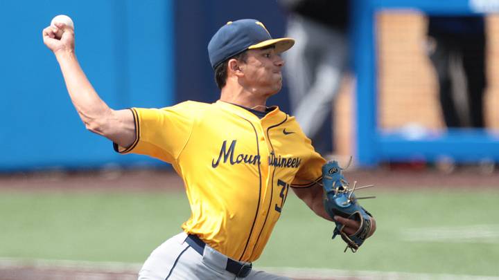 West Virginia Mountaineers junior Dawson Montesa (31) pitches against Kansas Jayhawks during the game inside Hoglund Ballpark on May 10, 2026.