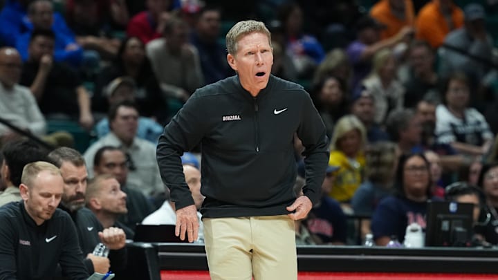 Nov 26, 2025; Las Vegas, NV, USA; Gonzaga Bulldogs head coach Mark Few reacts in the first half against the Michigan Wolverines. Nov 26, 2025; Las Vegas, NV, USA; Gonzaga Bulldogs head coach Mark Few reacts in the first half against the Michigan Wolverines.