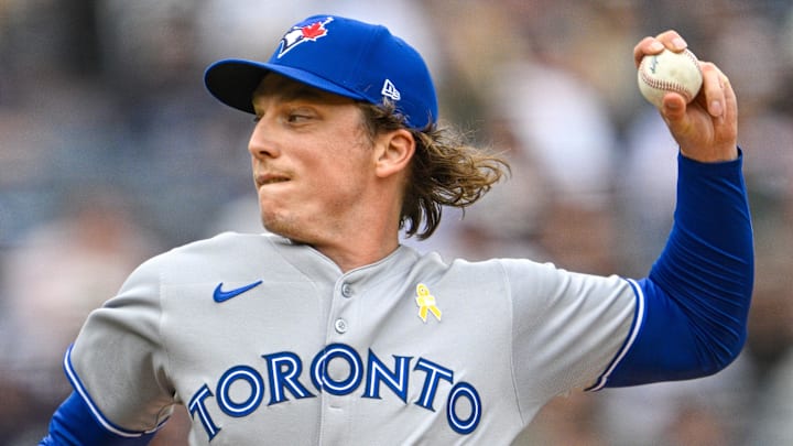 Toronto Blue Jays relief pitcher Ryan Borucki (35) throws against the New York Yankees at Yankee Stadium.