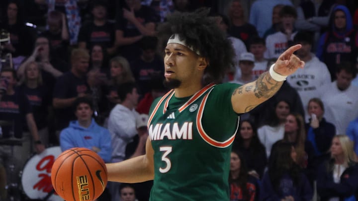 Dec 2, 2025; Oxford, Mississippi, USA; Miami Hurricanes guard Tre Donaldson (3) gives direction during the first half against the Mississippi Rebels at The Sandy and John Black Pavilion at Ole Miss. Mandatory Credit: Petre Thomas-Imagn Images