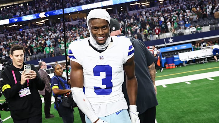 Dallas Cowboys wide receiver George Pickens smiles after the game against the Philadelphia Eagles at AT&T Stadium. 