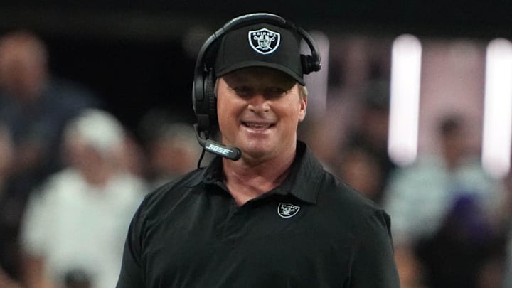 Sep 13, 2021; Paradise, Nevada, USA; Las Vegas Raiders head coach Jon Gruden watches game action against the Baltimore Ravens during the second half at Allegiant Stadium. Mandatory Credit: Kirby Lee-Imagn Images Sep 13, 2021; Paradise, Nevada, USA; Las Vegas Raiders head coach Jon Gruden watches game action against the Baltimore Ravens during the second half at Allegiant Stadium. Mandatory Credit: Kirby Lee-Imagn Images