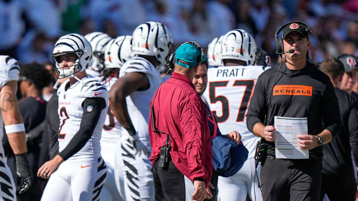 Cincinnati Bengals place kicker Evan McPherson (2) returns to the bench after missing a field goal attempt in the second quarter of the NFL Week 8 game between the Cincinnati Bengals and the Philadelphia Eagles at Paycor Stadium in downtown Cincinnati on Sunday, Oct. 27, 2024.