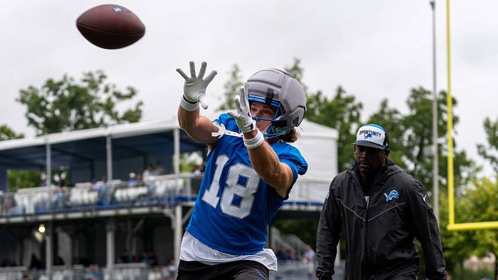 Detroit Lions wide receiver Isaac TeSlaa (18) catches a pass during training camp Detroit Lions wide receiver Isaac TeSlaa (18) catches a pass during training camp